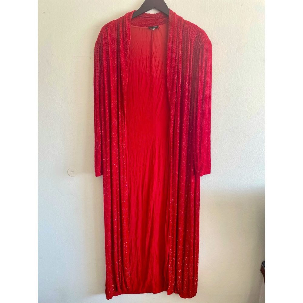 Giorgio Armani Red Beaded Holiday Long Coat Sz 44